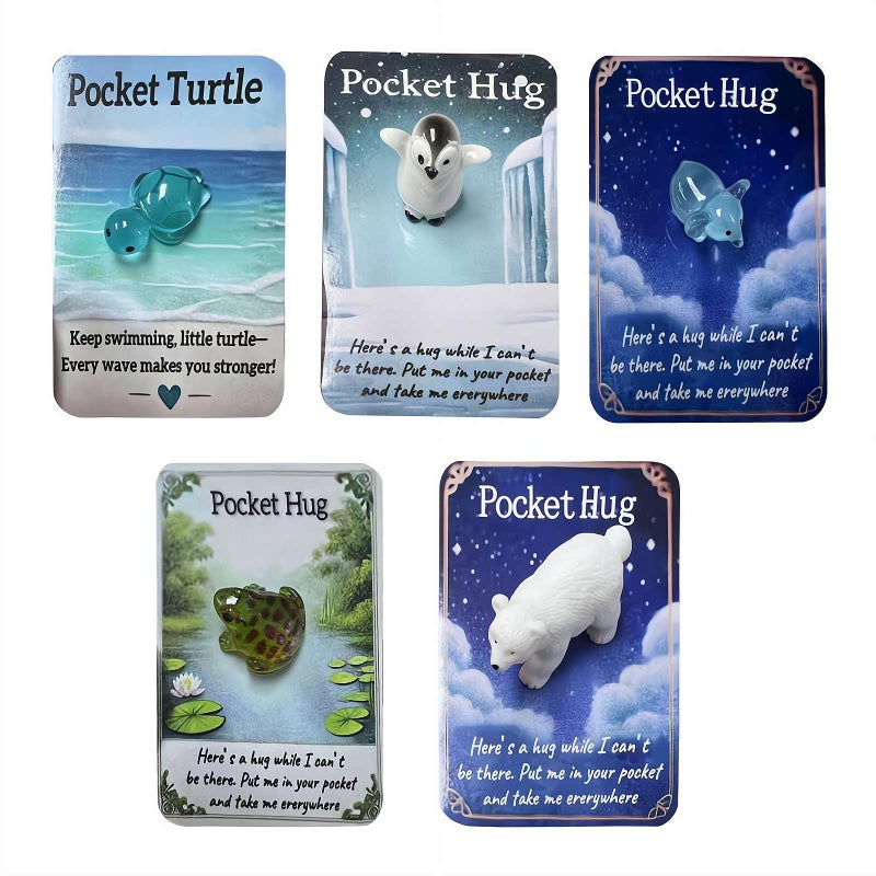 Animal Pocket Hug Gifts, 2025New Resin Animals Card with Mini Pocket Hug Greeting Cards, Cute Bulk Little Emotional Support Preschool Classroom Presents for Kids Adults (Animal 5pcs) - Image 1